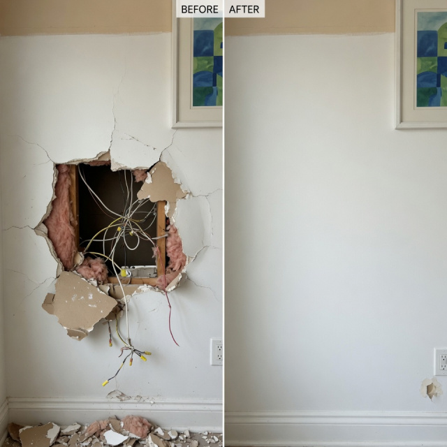 Wall repair before and after — large hole with exposed wiring restored to smooth painted finish